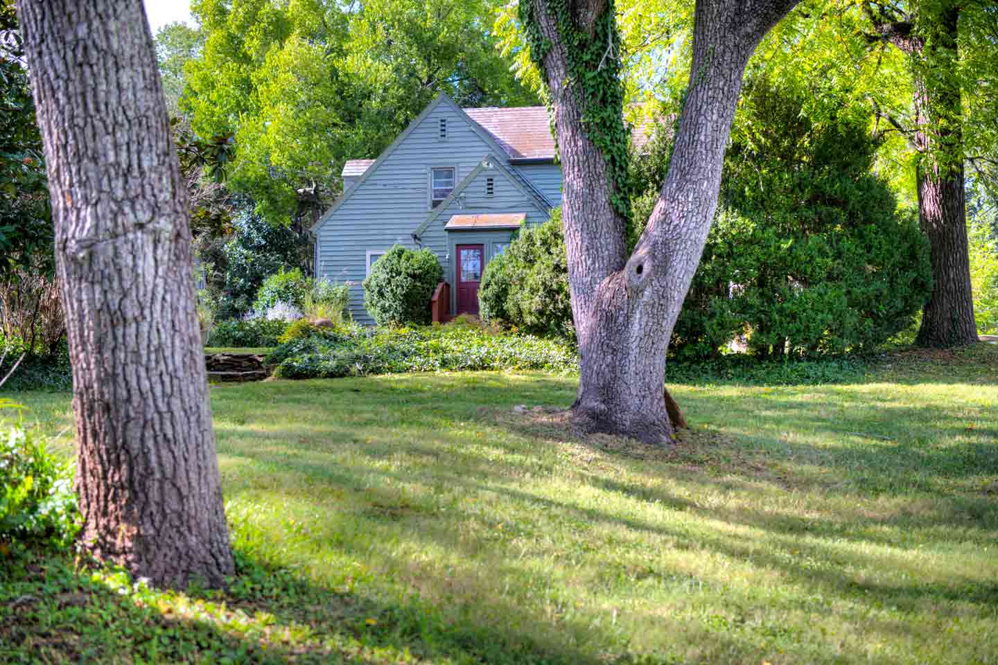 Charming Woodbound Farm in Keswick, featuring a farmhouse surrounded by lush greenery, mature trees, and rolling pastures, exuding timeless country living. 